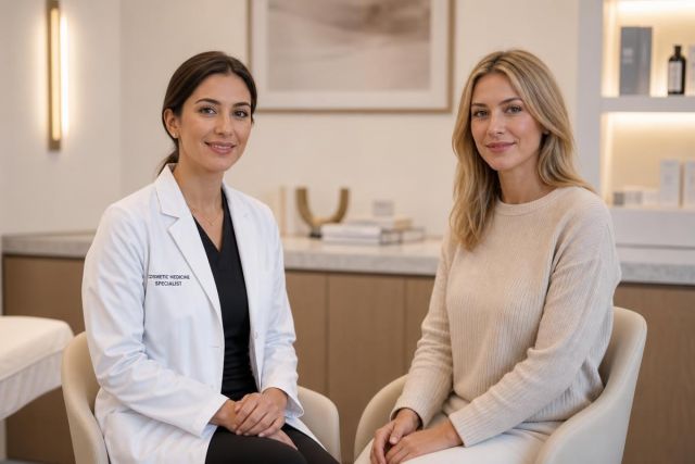 Cosmetic medicine consultation in a calm clinic, specialist advising patient about rhinoplasty options.