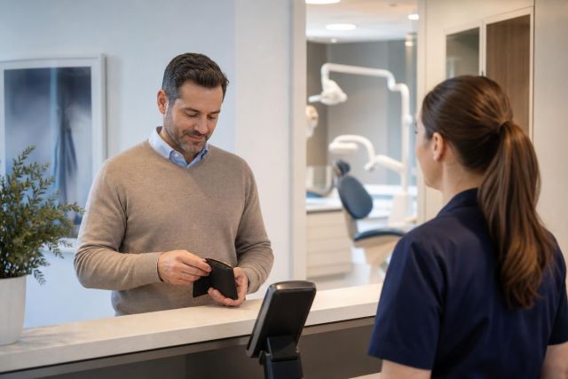 Patient at dental reception paying a bill while dental assistant listens, operatory visible.