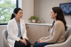 Dentist consulting with patient in a calm dental exam room with dental X-ray visible.