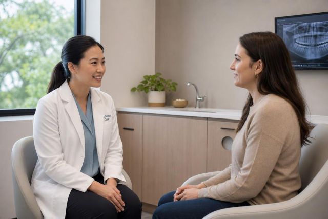 Dentist consulting with patient in a calm dental exam room with dental X-ray visible.