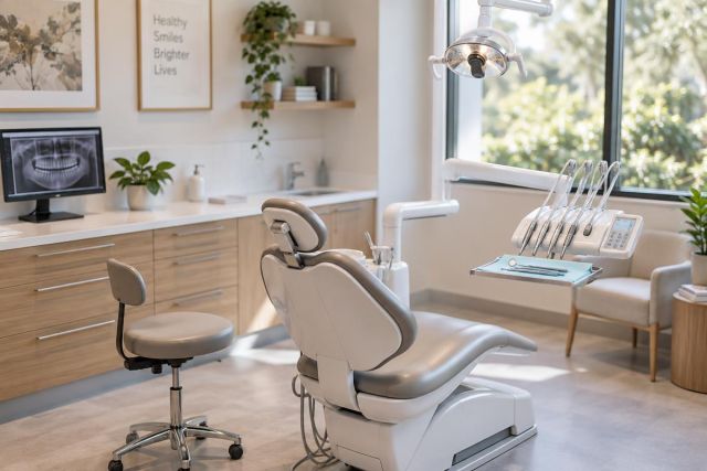 Modern dental treatment room with patient chair, instruments, and dental X-ray on monitor.
