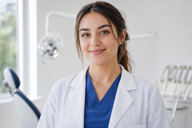 Smiling dental clinician in clinic treatment room, projecting calm professional care.
