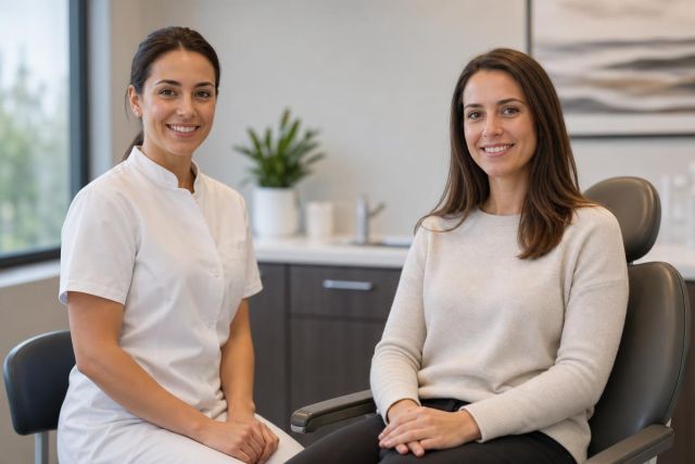 Dental clinician and patient seated in a calm clinic consultation room, smiling and interacting.