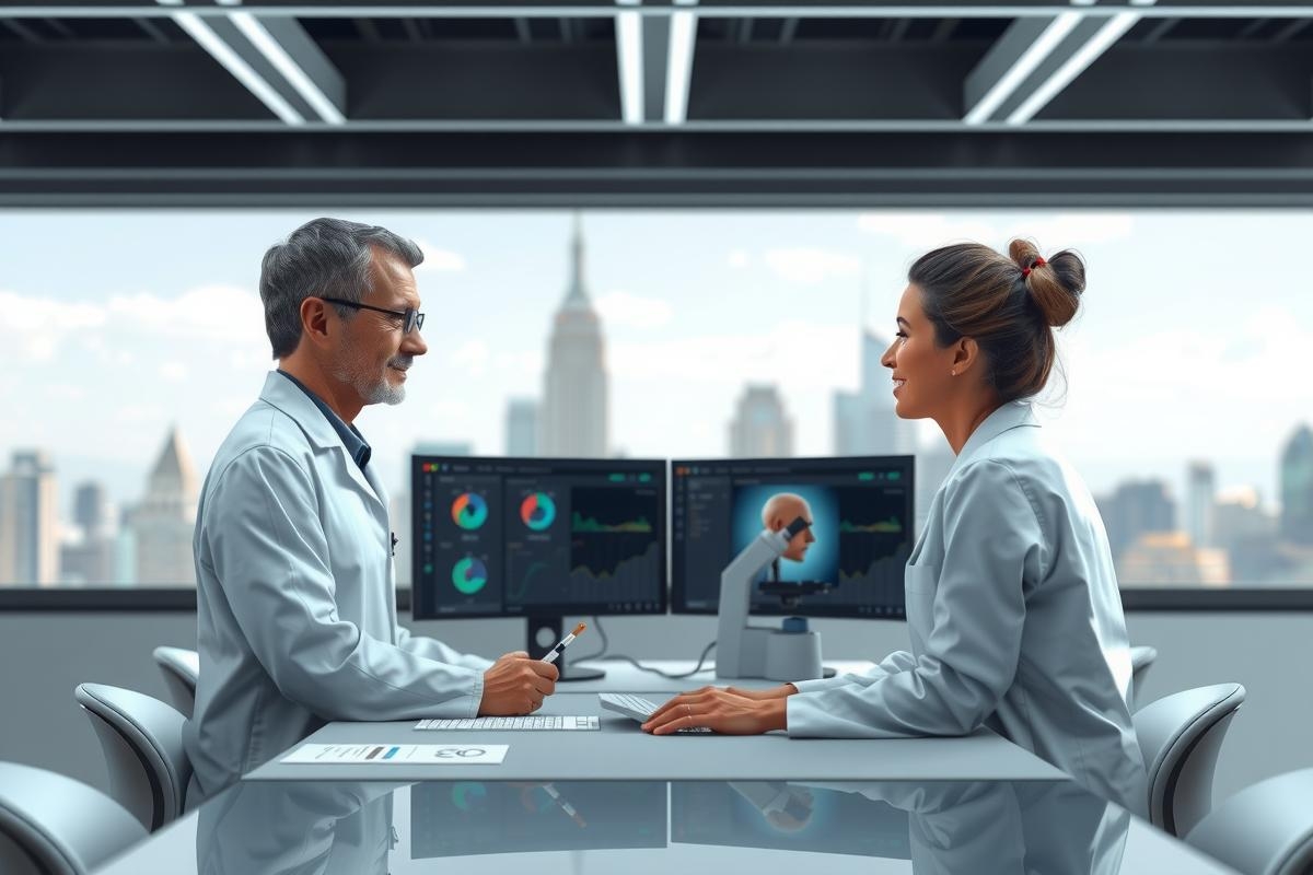 The image depicts a professional setting, likely an office environment. There are two individuals who appear to be engaged in conversation at a table or desk area. 