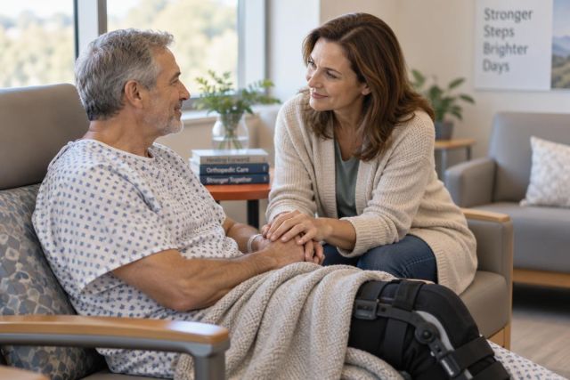 Patient with knee brace speaking with supportive companion in a calm orthopedic clinic.