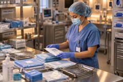 Surgical technologist organizing sterilized instrument packs and drapes on stainless steel preparation table.