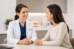 Dentist consulting with patient in clinic, discussing treatment options and costs.