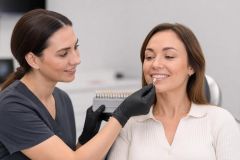 Dentist matching tooth shade against a patient's teeth in a calm dental clinic consultation.