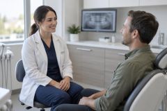 Dentist consulting with a seated patient in a modern dental operatory, dental X‑ray displayed.