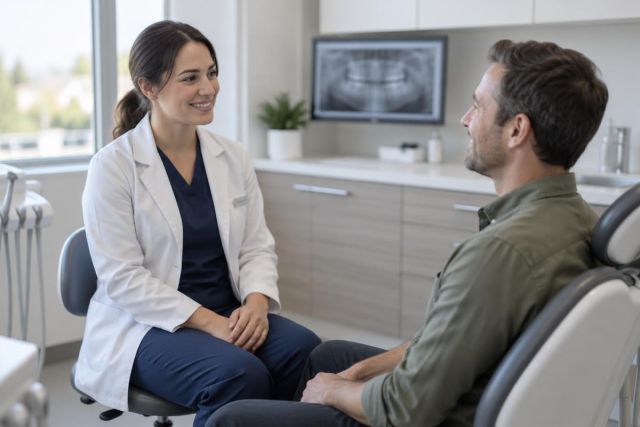 Dentist consulting with a seated patient in a modern dental operatory, dental X‑ray displayed.