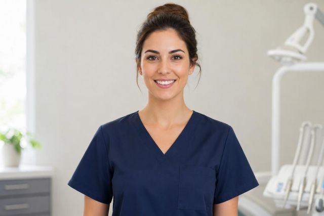 Smiling dental hygienist in navy scrubs standing in clean dental clinic with equipment.