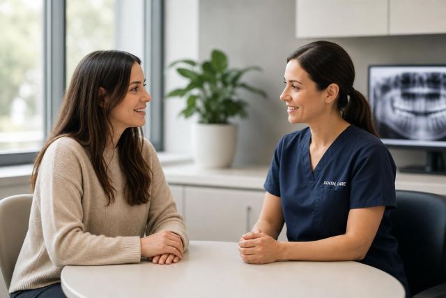 Dentist and patient smiling during a calm consultation in a modern dental clinic.