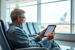 Man wearing a face mask sits in an airport waiting area, reviewing a tablet. The scene features rows of gray chairs and a blurred airplane through large windows, suggesting travel and safety protocols. Blue and gray tones dominate the image.