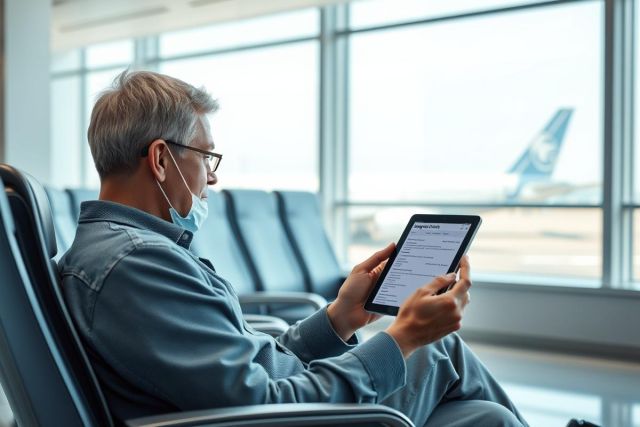 Man wearing a face mask sits in an airport waiting area, reviewing a tablet. The scene features rows of gray chairs and a blurred airplane through large windows, suggesting travel and safety protocols. Blue and gray tones dominate the image.