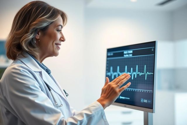 Female doctor in a medical office examining an ECG waveform on a monitor. Healthcare professional analyzing heart rhythm data in a bright, modern setting. Blue and white tones. Focus on cardiology and patient care.