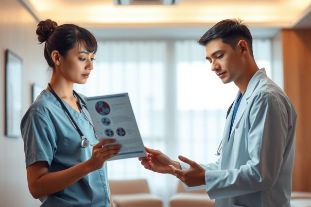Two doctors in lab coats examine a tablet, likely reviewing patient data or medical imaging. The scene suggests a consultation or discussion within a healthcare setting.
