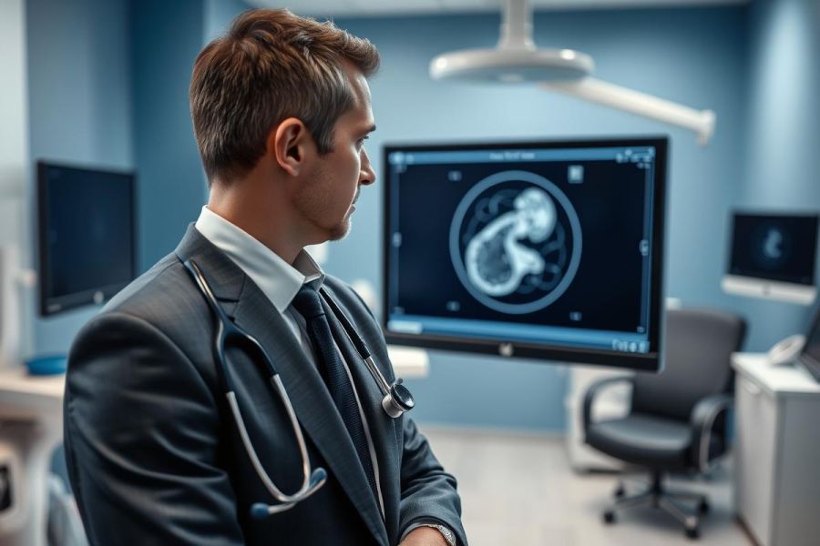 Doctor in a modern medical office examining an MRI scan on a monitor. The image showcases healthcare technology, diagnostic imaging, and a professional medical environment with blue tones and clinical equipment.