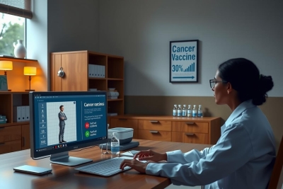 The image features a professional workspace with a woman engaged in her job. She is sitting at a desk with a laptop and monitor displaying medical data on the screen. There are books and scientific equipment, suggesting she might be a researcher or healthcare professional.