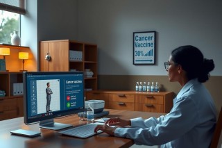 The image features a professional workspace with a woman engaged in her job. She is sitting at a desk with a laptop and monitor displaying medical data on the screen. There are books and scientific equipment, suggesting she might be a researcher or healthcare professional.