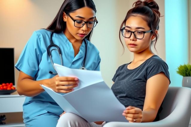 A healthcare professional in scrubs reviews a patient's chart in a bright, modern clinic setting. Focus on medical consultation and patient care.
