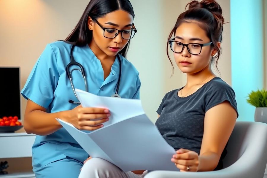 A healthcare professional in scrubs reviews a patient's chart in a bright, modern clinic setting. Focus on medical consultation and patient care.