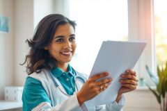 A female doctor in a white coat holds papers, smiling warmly. The image showcases a medical professional in a bright, modern environment, likely a clinic or office. The scene conveys care and professionalism.