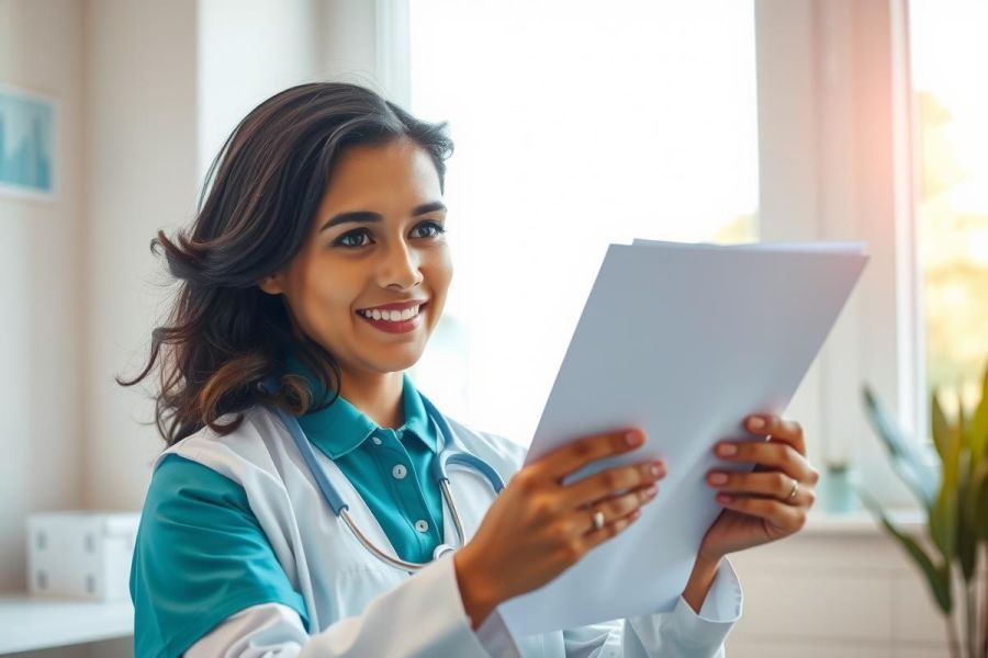 A female doctor in a white coat holds papers, smiling warmly. The image showcases a medical professional in a bright, modern environment, likely a clinic or office. The scene conveys care and professionalism.