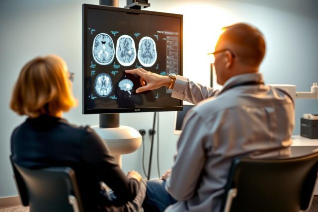 Medical professionals review brain MRI scans in a clinical setting. The image shows a doctor pointing at the screen displaying neurological imagery. Focus on diagnostic assessment and healthcare technology.