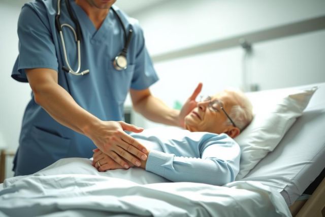 A healthcare worker comforts a senior patient in a hospital bed. The scene conveys care and support in a medical setting, showcasing a nurse and elderly person.