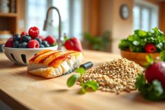 Grilled salmon dish with berries and grains on a wooden surface. Healthy food preparation, fresh ingredients, vibrant colors, culinary concept, close-up shot.
