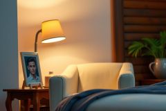 Cozy interior featuring a portrait on a table, soft lighting from a lamp, and a comfortable armchair. Warm tones and a peaceful atmosphere evoke relaxation and home decor.