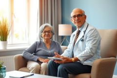 Doctor and patient in consultation. A friendly doctor sits with an elderly woman in a warm, inviting room. Healthcare, senior care, medical consultation, patient care, and comfortable setting.