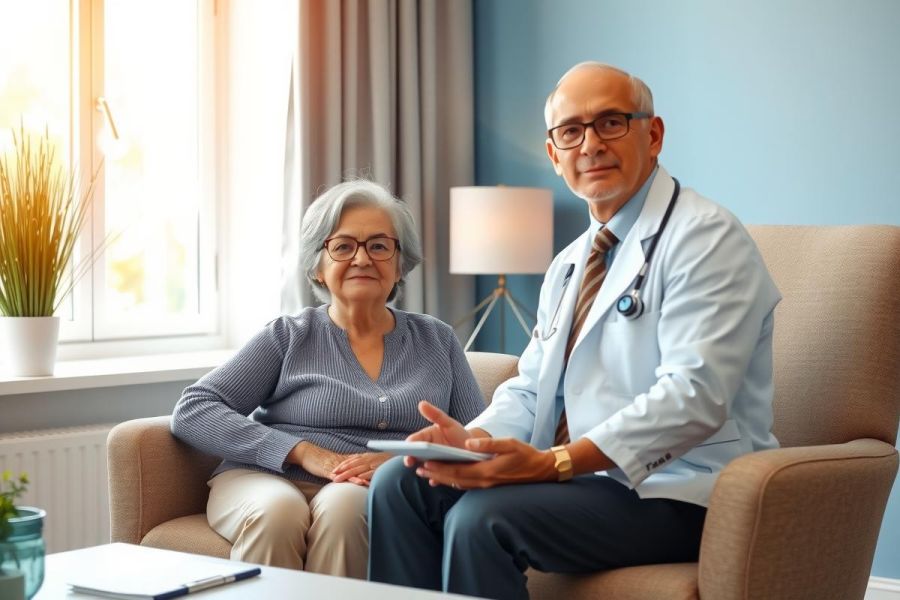 Doctor and patient in consultation. A friendly doctor sits with an elderly woman in a warm, inviting room. Healthcare, senior care, medical consultation, patient care, and comfortable setting.