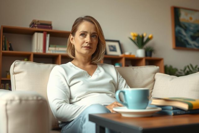 The image shows a woman sitting on a couch in a room. She appears to be pregnant and is wearing casual clothing, with a white shirt that suggests comfort. In her hand she holds a cup of coffee or tea, indicating a relaxed atmosphere.