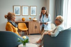 Healthcare professional consults with elderly patients in a bright, modern care setting. Focus on patient care, senior wellness, and medical consultation within a comfortable environment. Blue and warm color tones present.