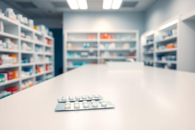 Close-up of pills on a counter in a pharmacy. Shelves stocked with medication fill the blurred background. Cool blue and white tones create a clinical, healthcare environment. Focus on pharmaceuticals and drugstore setting.