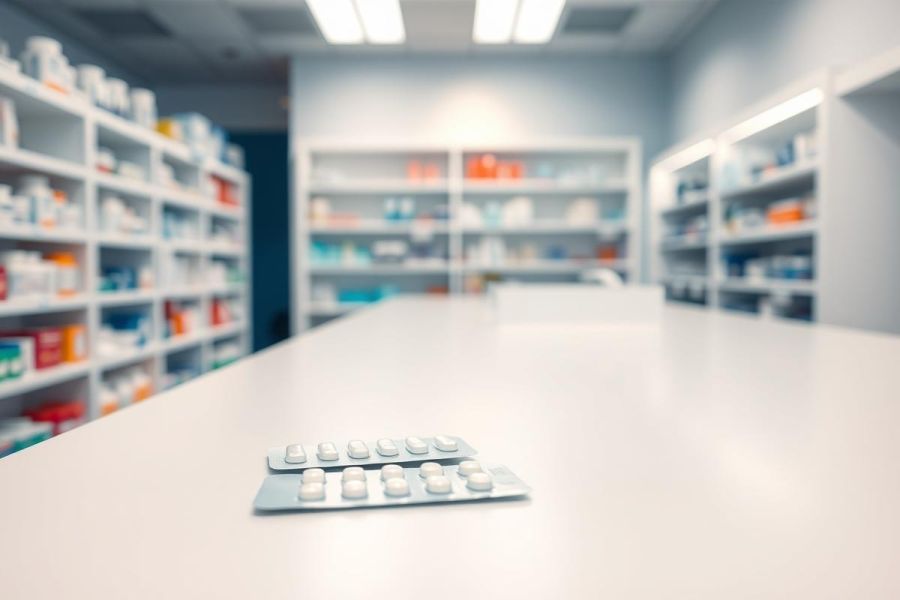 Close-up of pills on a counter in a pharmacy. Shelves stocked with medication fill the blurred background. Cool blue and white tones create a clinical, healthcare environment. Focus on pharmaceuticals and drugstore setting.