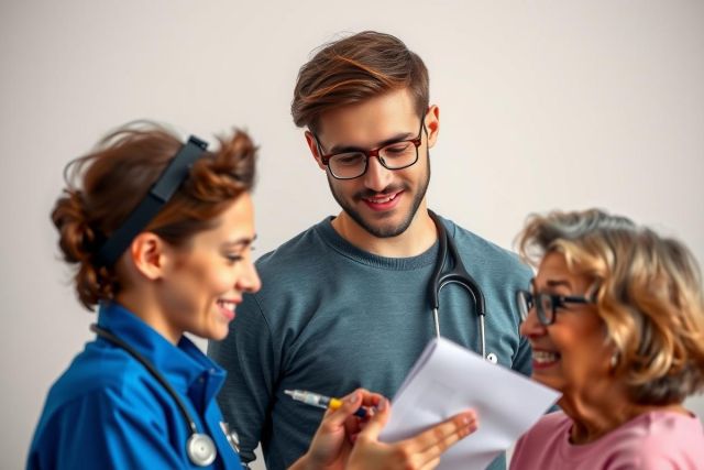 A young woman in a nurse's uniform is sharing medical information with an older person who appears to be a patient, possibly with the assistance of another professional dressed as a doctor. They are all smiling and looking at documents that seem to relate to healthcare or medication.