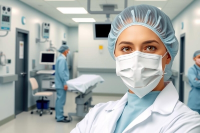 A professional medical setting with a doctor wearing full protective gear, including surgical mask and sterile scrubs. The environment is clean and sterilized, typical of an operating room or clinic.
