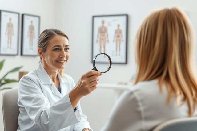 Doctor examining a patient in a medical office. The female physician, in a white coat, holds a magnifying glass while the patient sits facing her. Anatomical charts are visible in the background. Healthcare, consultation, and medical examination themes.