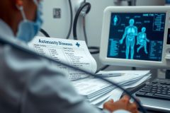 The image shows a medical professional working in an intensive care unit setting. The individual is wearing protective medical gear, including gloves and a mask, suggesting strict hygiene practices are followed. They are attentively looking at a patient's scan on the large monitor screen, which displays detailed images of internal organs such as the heart and lungs. 