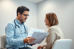 Doctor and patient during consultation in a medical office. The doctor, wearing a stethoscope, reviews test results with a female patient. Clean, modern environment with light gray walls. Healthcare, medical examination, and patient care themes.