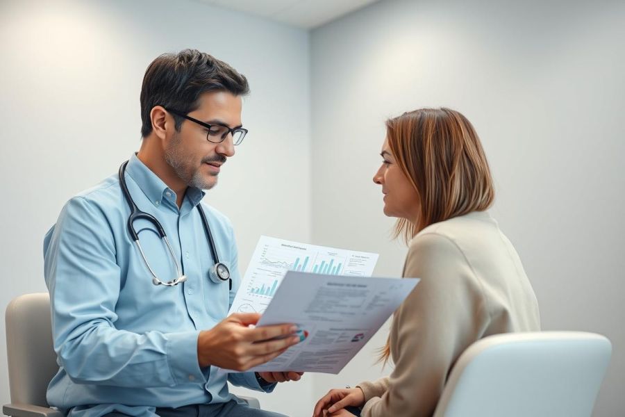 Doctor and patient during consultation in a medical office. The doctor, wearing a stethoscope, reviews test results with a female patient. Clean, modern environment with light gray walls. Healthcare, medical examination, and patient care themes.