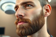 Close-up portrait of a man with a full, reddish-brown beard. He has light brown eyes and is looking upwards in a brightly lit studio setting. The image focuses on facial hair and grooming, with a modern, clean aesthetic.