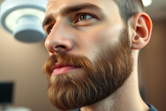 Close-up portrait of a man with a full, reddish-brown beard. He has light brown eyes and is looking upwards in a brightly lit studio setting. The image focuses on facial hair and grooming, with a modern, clean aesthetic.