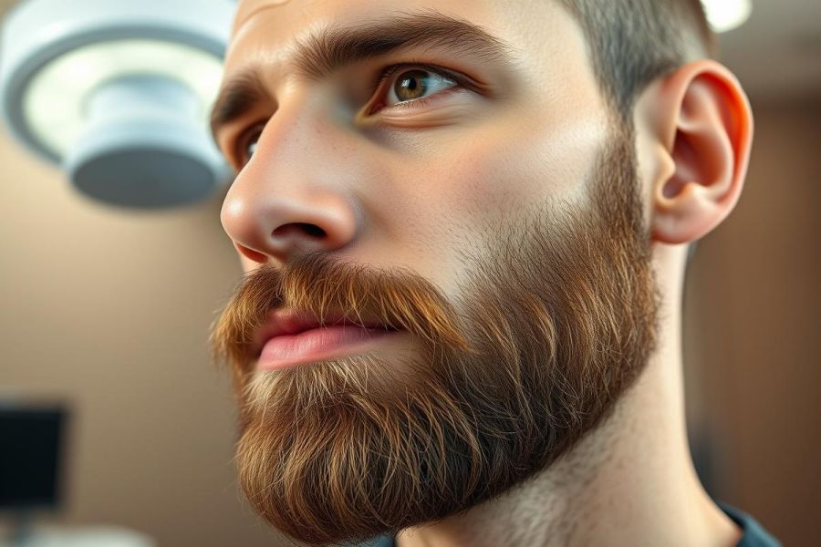 Close-up portrait of a man with a full, reddish-brown beard. He has light brown eyes and is looking upwards in a brightly lit studio setting. The image focuses on facial hair and grooming, with a modern, clean aesthetic.