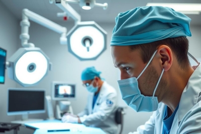 The image shows a modern operating room with medical personnel wearing surgical gowns and face masks. There's a patient on the table, likely undergoing a medical procedure, given the presence of anesthesia machines and monitors. The room is well-lit with professional lighting, indicating it's designed for precision and sterility.