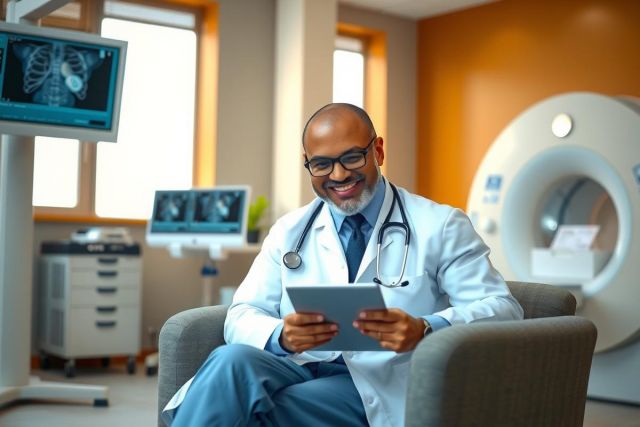 The image features a smiling doctor sitting in an examination room, holding tablet. The room is equipped with medical devices including an MRI machine and patient monitors. The environment suggests a modern healthcare setting.