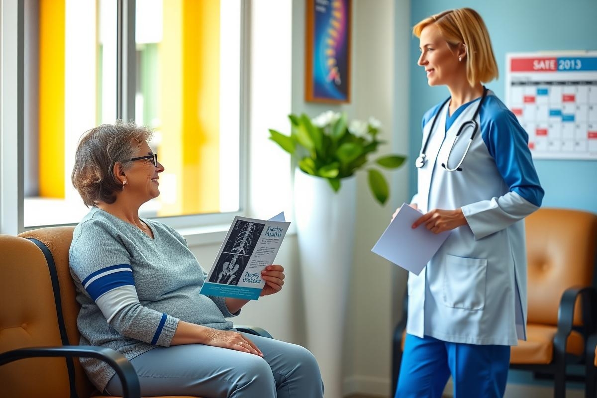 The image depicts an indoor healthcare setting where a doctor is engaged in conversation with a patient. The doctor, wearing a stethoscope and medical scrubs, stands on the right side of the frame, holding papers that may be related to the patient's treatment or condition. On the left, there is a seated patient who appears attentive to the discussion. Behind them, on the wall, hangs a calendar which helps identify the setting as a medical office or clinic. The overall atmosphere suggests a healthcare consultation or follow-up visit.