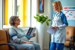 The image depicts an indoor healthcare setting where a doctor is engaged in conversation with a patient. The doctor, wearing a stethoscope and medical scrubs, stands on the right side of the frame, holding papers that may be related to the patient's treatment or condition. On the left, there is a seated patient who appears attentive to the discussion. Behind them, on the wall, hangs a calendar which helps identify the setting as a medical office or clinic. The overall atmosphere suggests a healthcare consultation or follow-up visit.